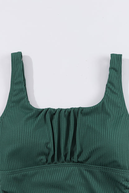 Ruched U Neck Ribbed Tankini | Blackish Green