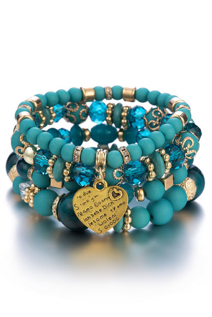 Heart Shape Pendant Multi Layered Beaded Bracelet Set | Turquoise