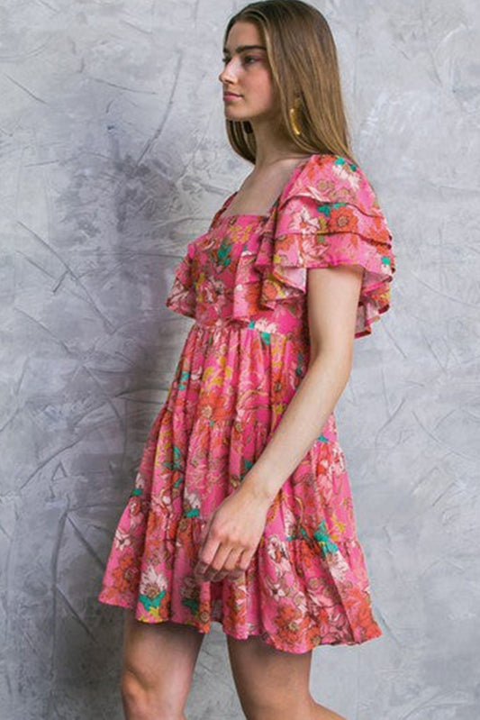 Floral Square Neck Ruffle Sleeve Tiered Dress | Pink