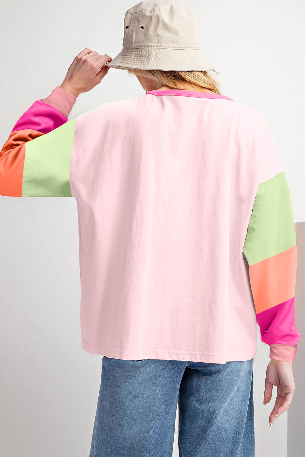 Colourblock Patchwork Long Sleeve Loose Top | Pink