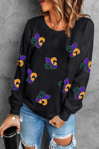 Mardi Gras Pattern Crew Neck Pullover Sweatshirt | Black