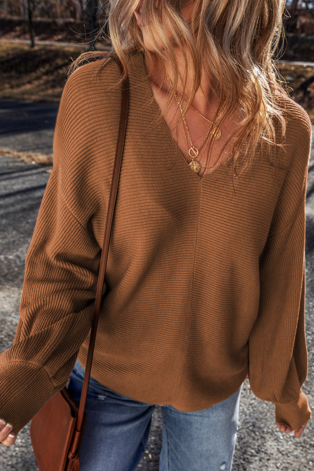 Ribbed Knit Drop Sleeve V Neck Loose Fit Sweater | Camel