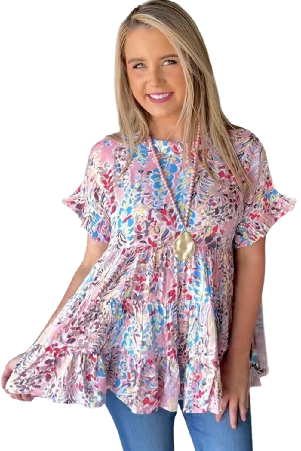 Floral Print Ruffle Sleeve Babydoll Top | Pink