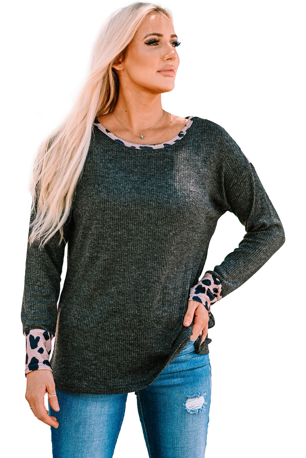 Leopard Contrast Trim Knit Top | Black