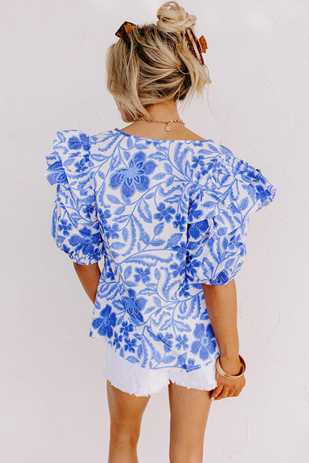 Floral Print Ruffled Bubble Sleeve Blouse | Dark Blue