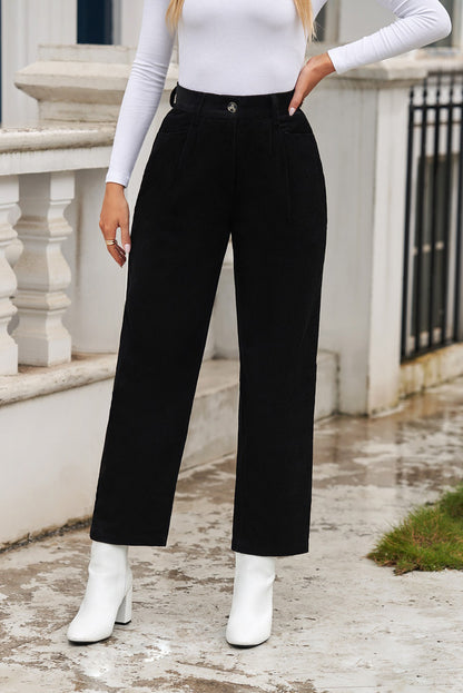 Corduroy High Waist Straight Leg Pants | Black