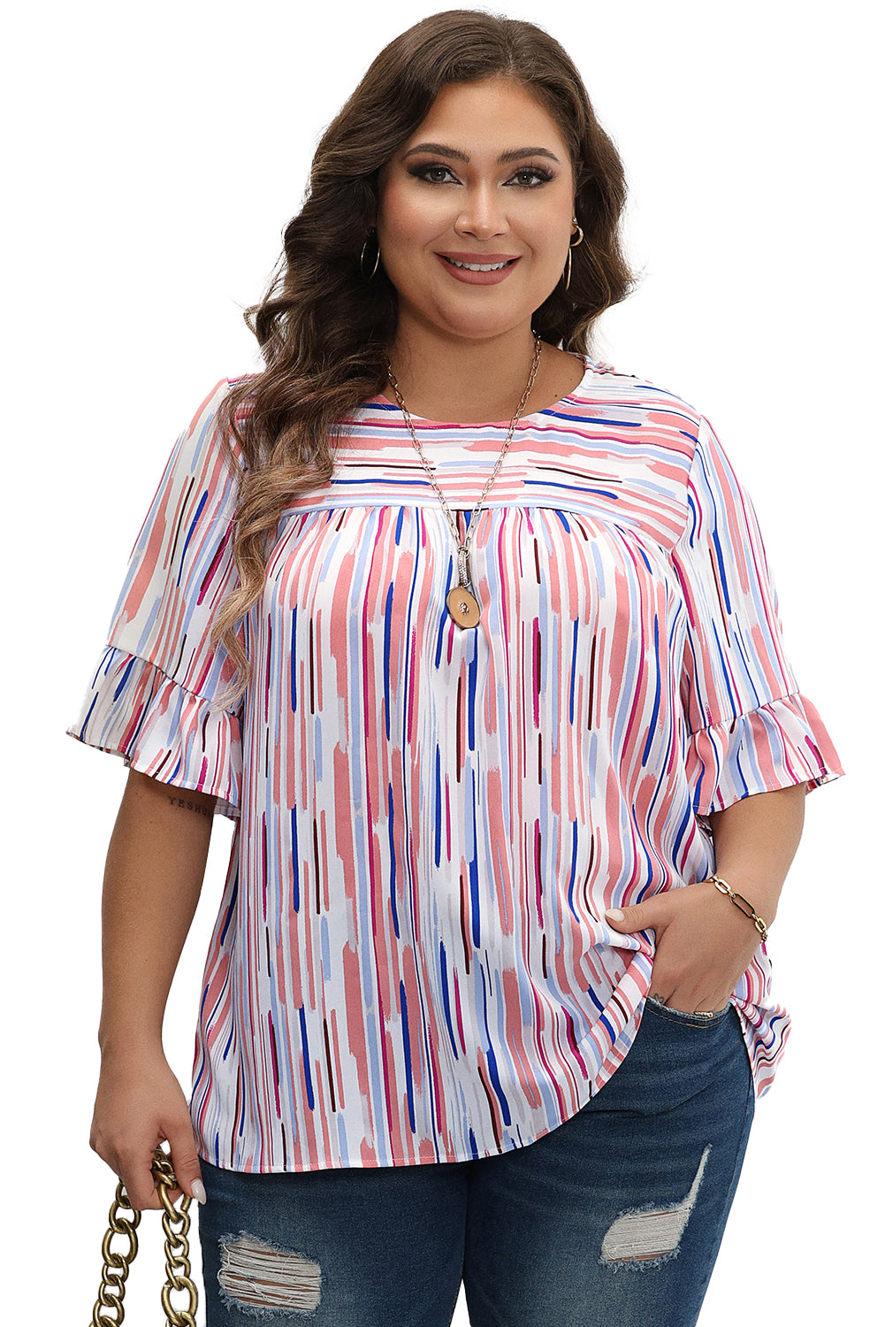 Ruffled Short Sleeve Plus Size Blouse | White Stripe