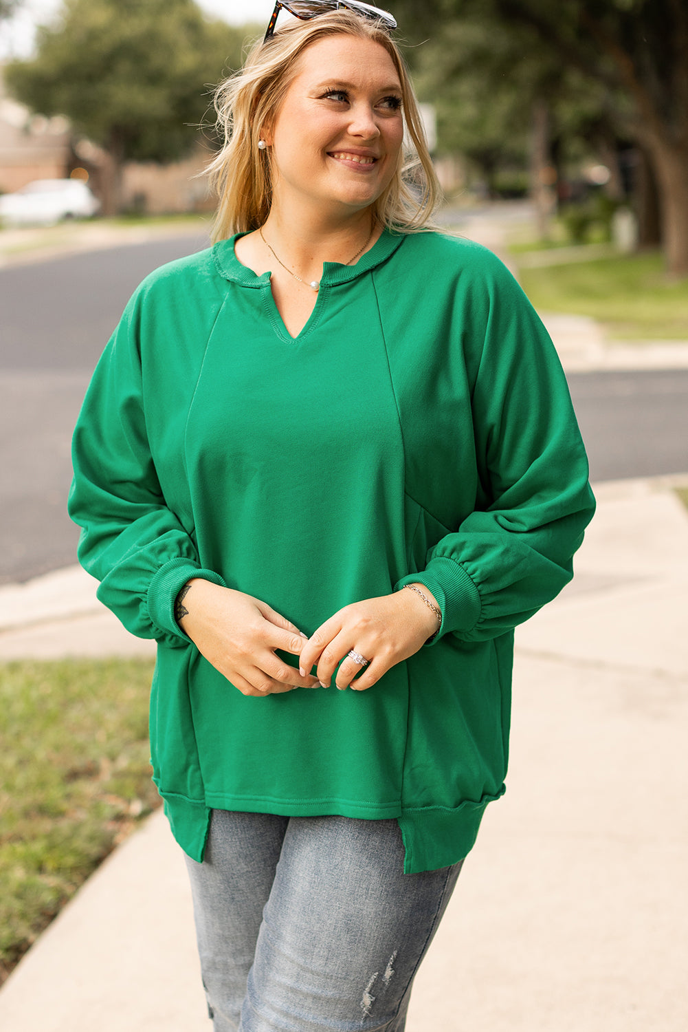 Bright Green Exposed Seam Notched Neck Drop Shoulder Plus Sweatshirt