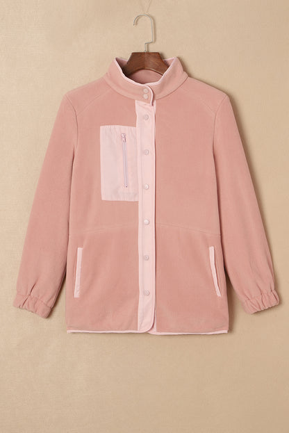 Pink Sherpa Contrast Trim Zipped Pocket Jacket | Apricot Powder