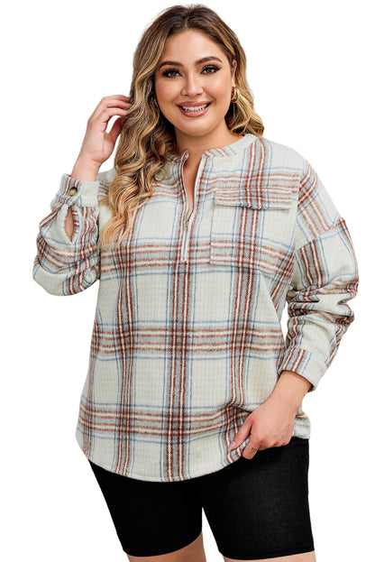 Plus Size Plaid Half-Zipper Sweatshirt With Chest Pocket | Beige