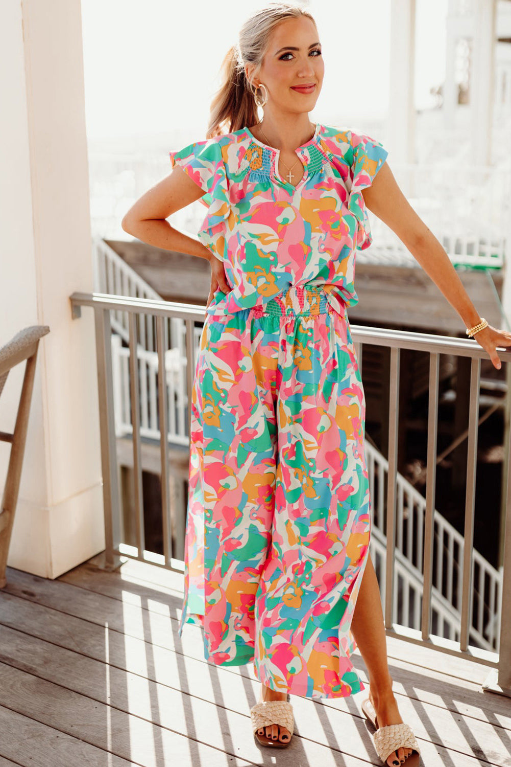 Floral Ruffled Sleeve Top Smocked Wide Leg Pants Set | Pink