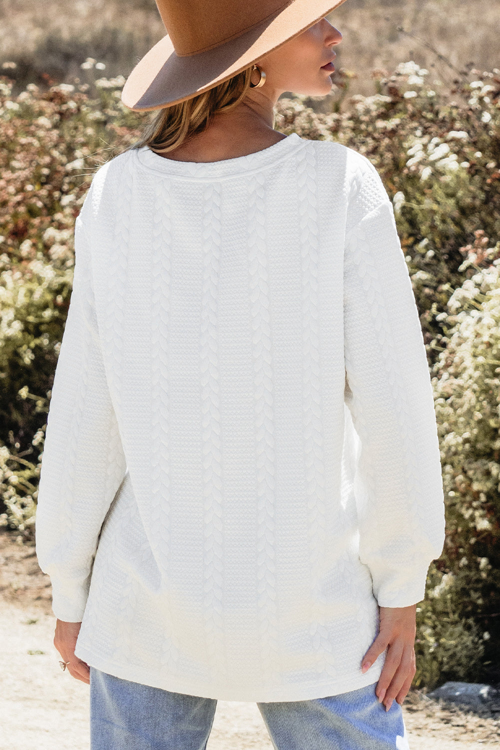 Cable Textured Long Sleeve Round Neck Top | White