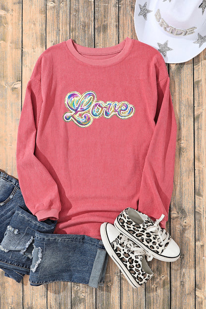 Sequin Love Graphic Drop Shoulder Corded Valentines Sweatshirt | Strawberry Pink