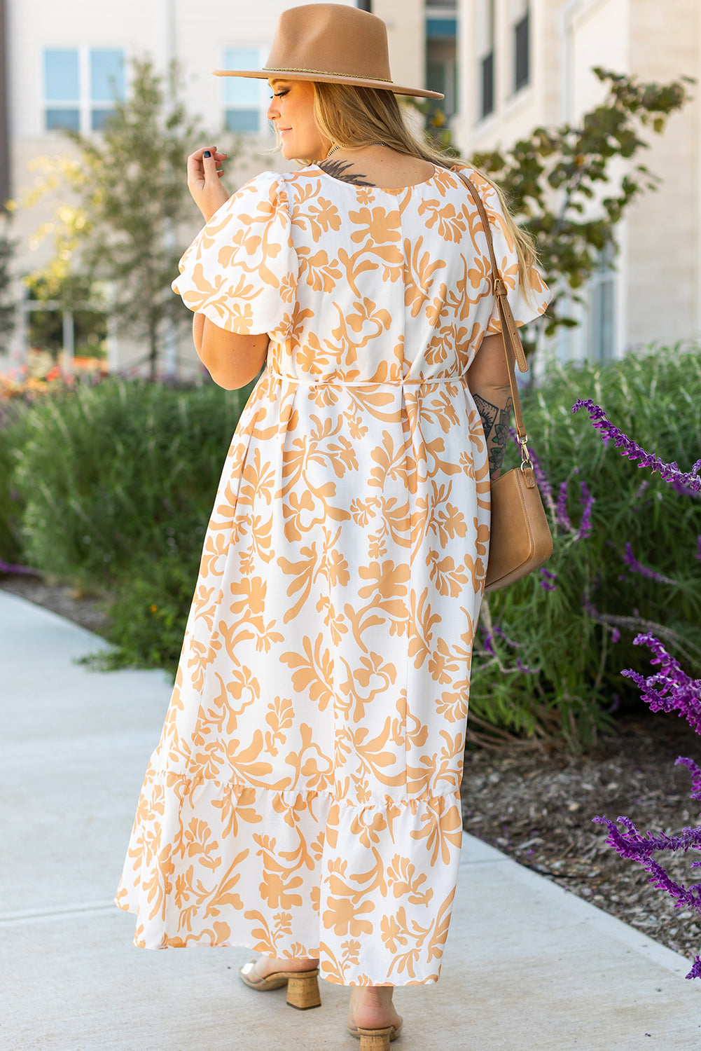 Floral Print Puff Short Sleeve Resort Plus Size Maxi Dress | Apricot