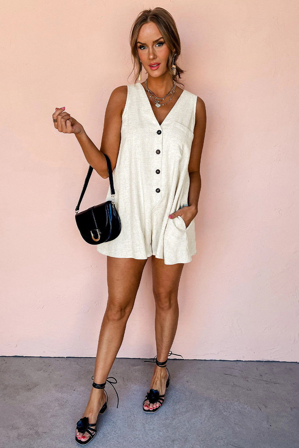 Sleeveless V Neck Buttoned Front Chest Pocket Romper | Beige