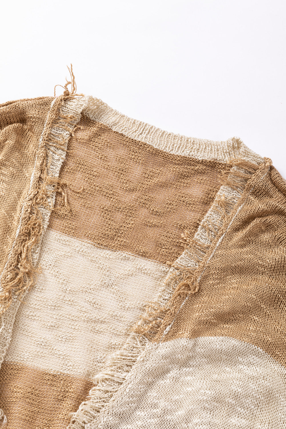 Lantern Sleeve Fringed Open Cardigan | Khaki Stripe