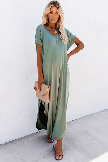 V Neck Hidden Pocket Splits Maxi T-Shirt Dress | Grass Green