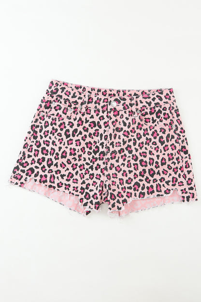 Leopard Print Raw Hem Denim Shorts | Pink