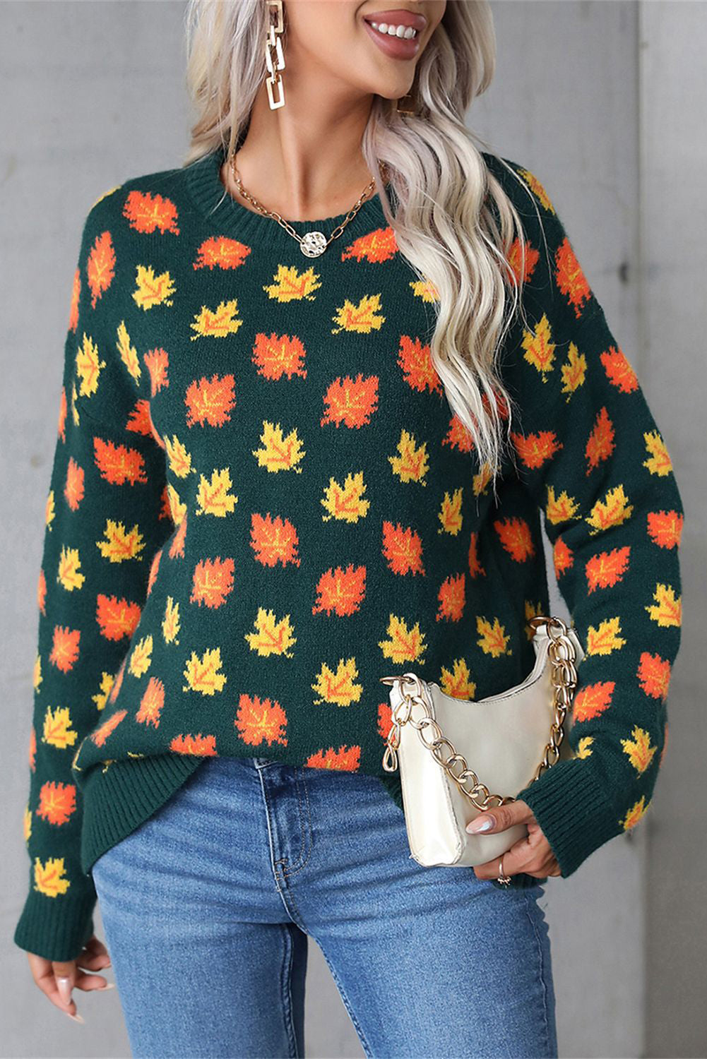 Blackish Green Fall Leaves Pattern Crew Neck Sweater