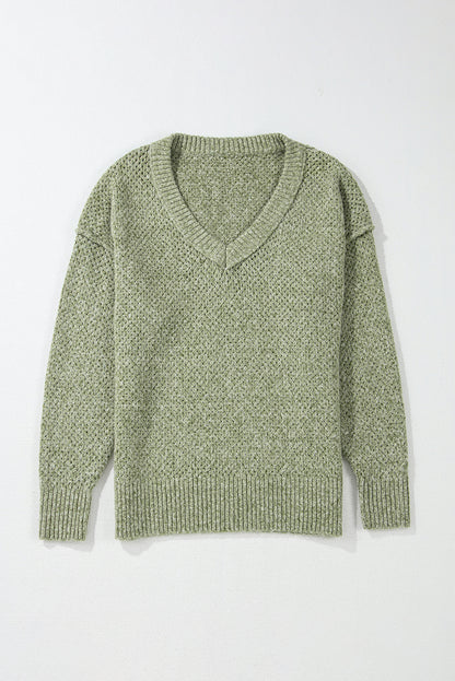 Loose Eyelet V Neck Drop Shoulder Sweater | Jungle Green