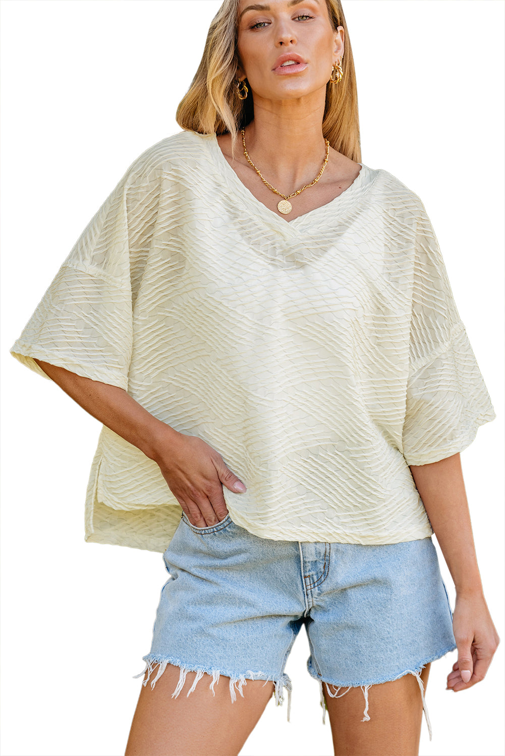 V Neck Textured Split Hem Oversized Top | Beige