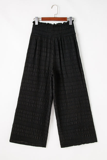 Textured Wide Smocked Waist Loose Pants | Black