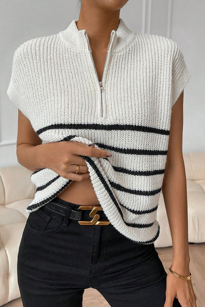 Half Zip Split Stand Neck Sweater T-Shirt | White Stripe