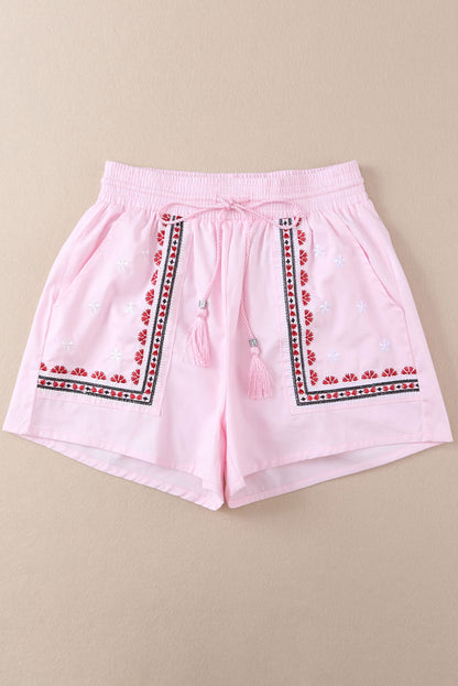 Boho Embroidered Floral Tasseled Drawstring Waist Casual Shorts | Pink