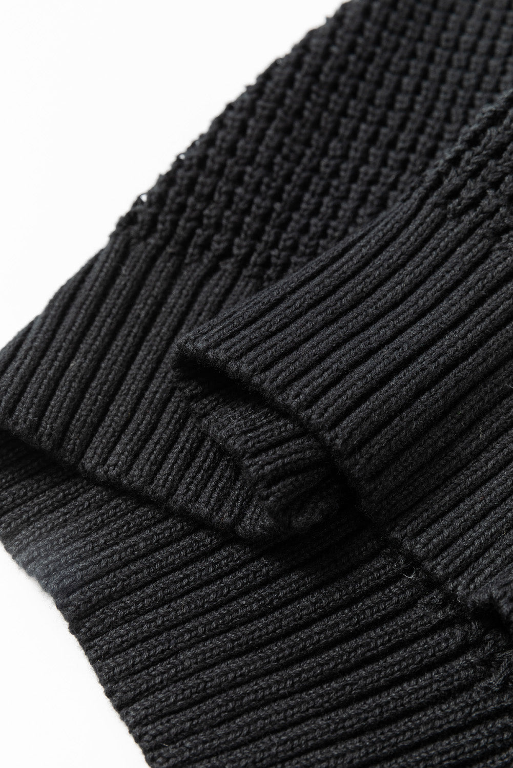 Pointelle Knit Button V Neck Drop Shoulder Sweater | Black