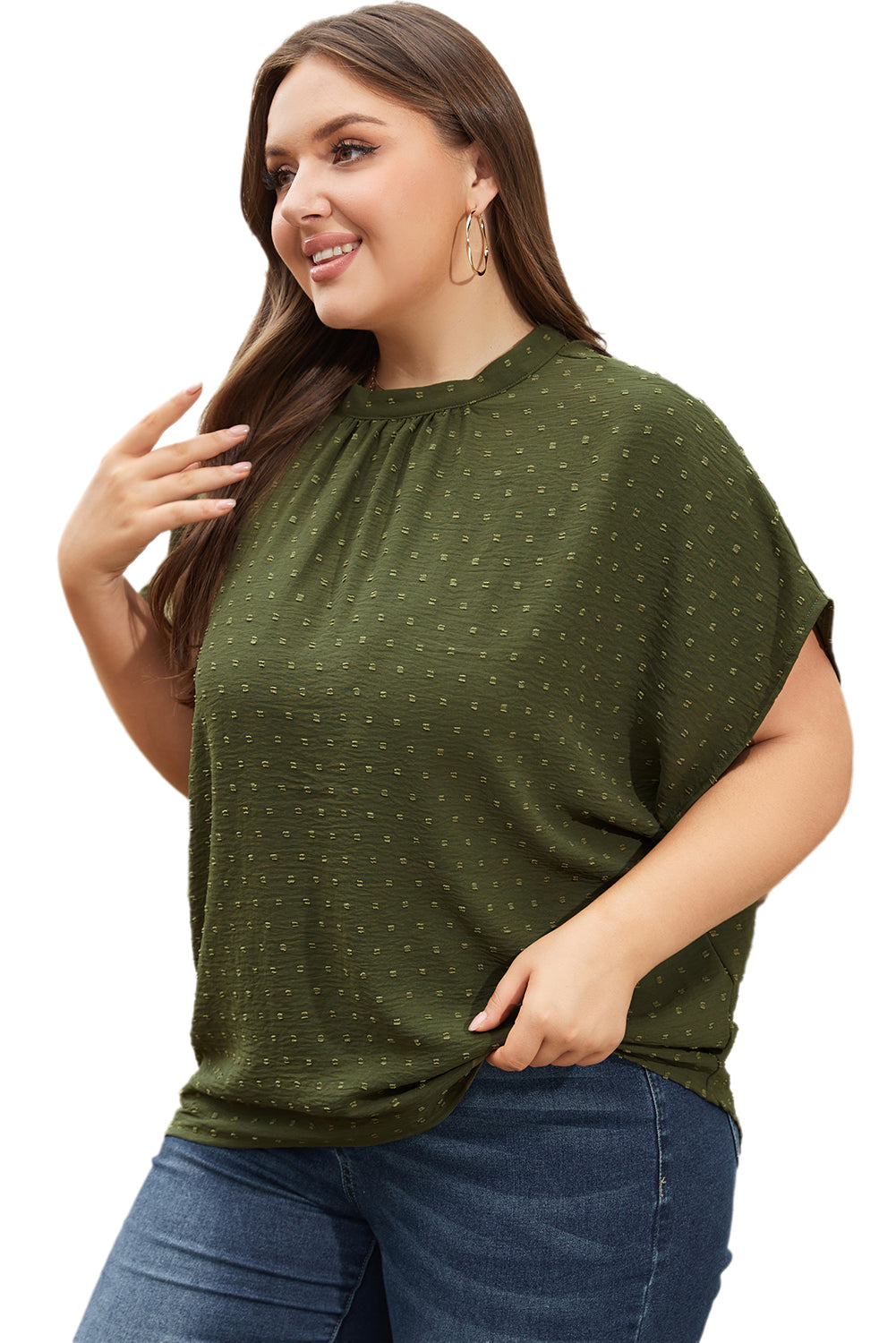 Plus Size Swiss Dot Mock Neck Tied Nape Top | Moss Green