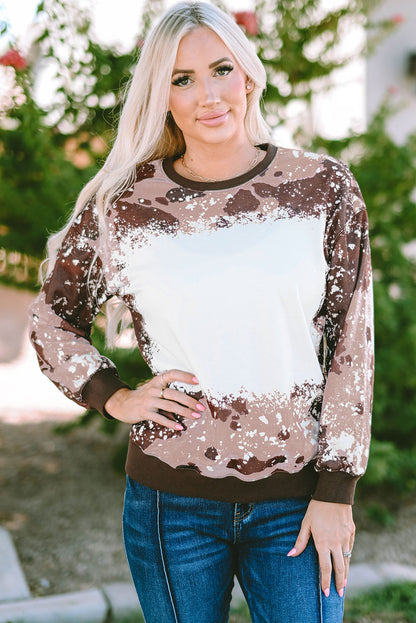 Brown Bleached Tie Dye Leopard Print Long Sleeve Top