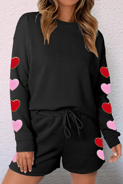 Heart Patch Long Sleeve Top And Shorts Textured 2Pcs Set | Black