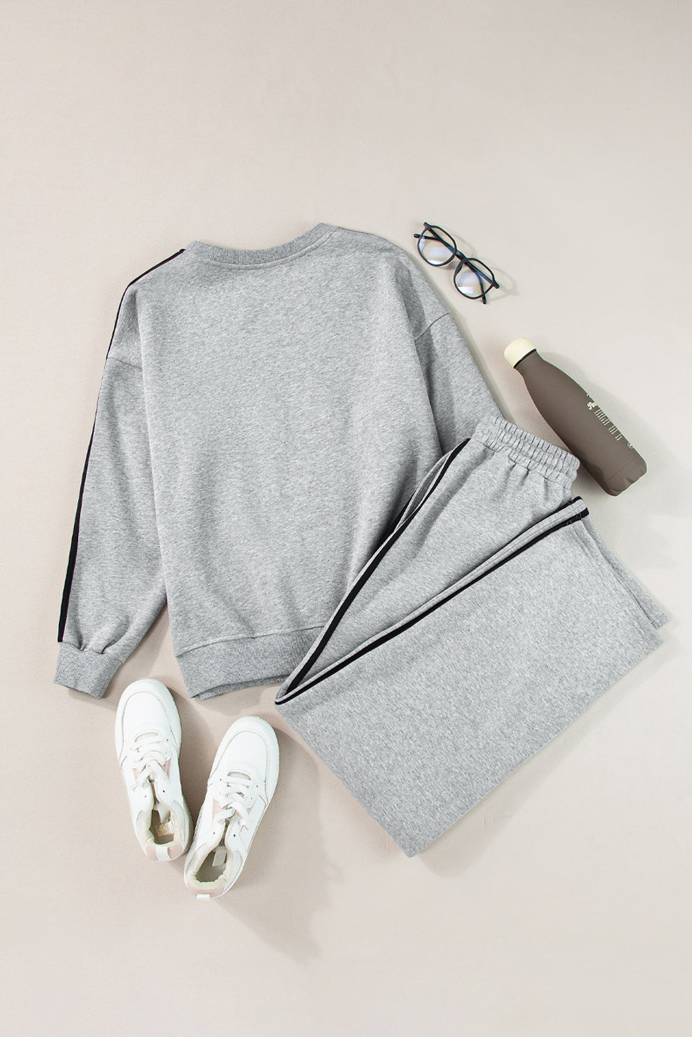 Solid Colour Side Striped Sweatshirt Active Set | Light Grey