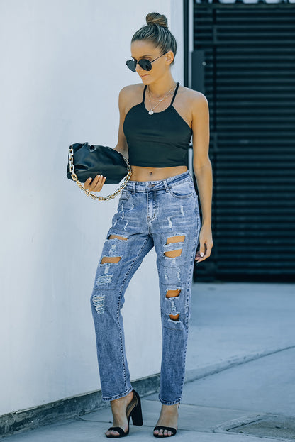 Buttoned Pockets Distressed Jeans | Sky Blue