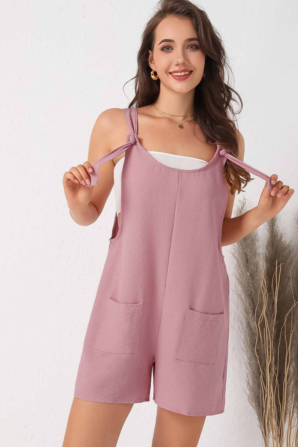 Adjustable Straps Pocketed Textured Romper | Pink