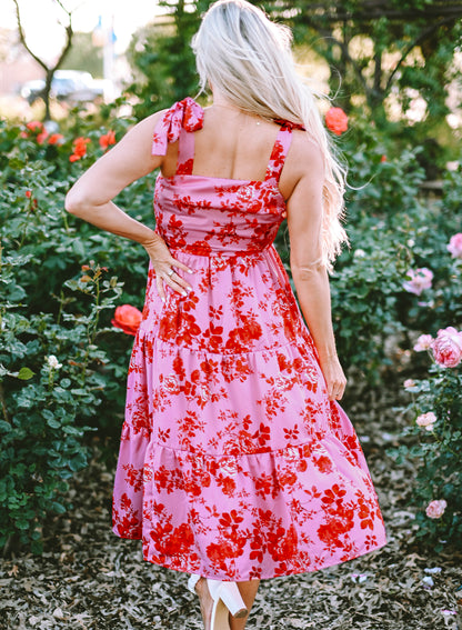 Tie Shoulder Straps Tiered Floral Dress | Pink