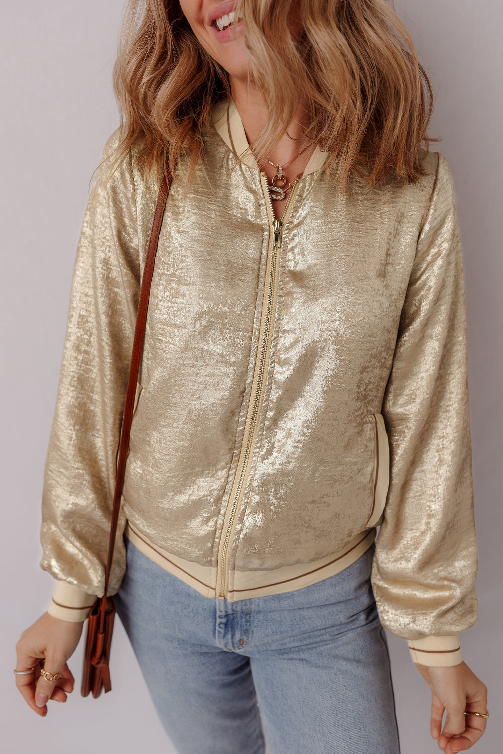 Metallic Zip Up Baseball Jacket | Pale Khaki