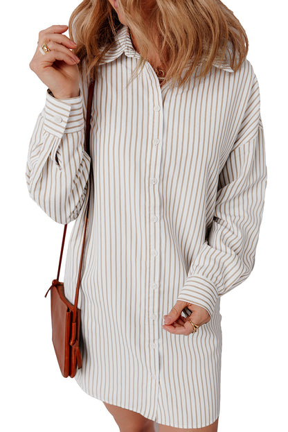 Long Sleeve Button Up Mini Shirt Dress | Khaki Stripe