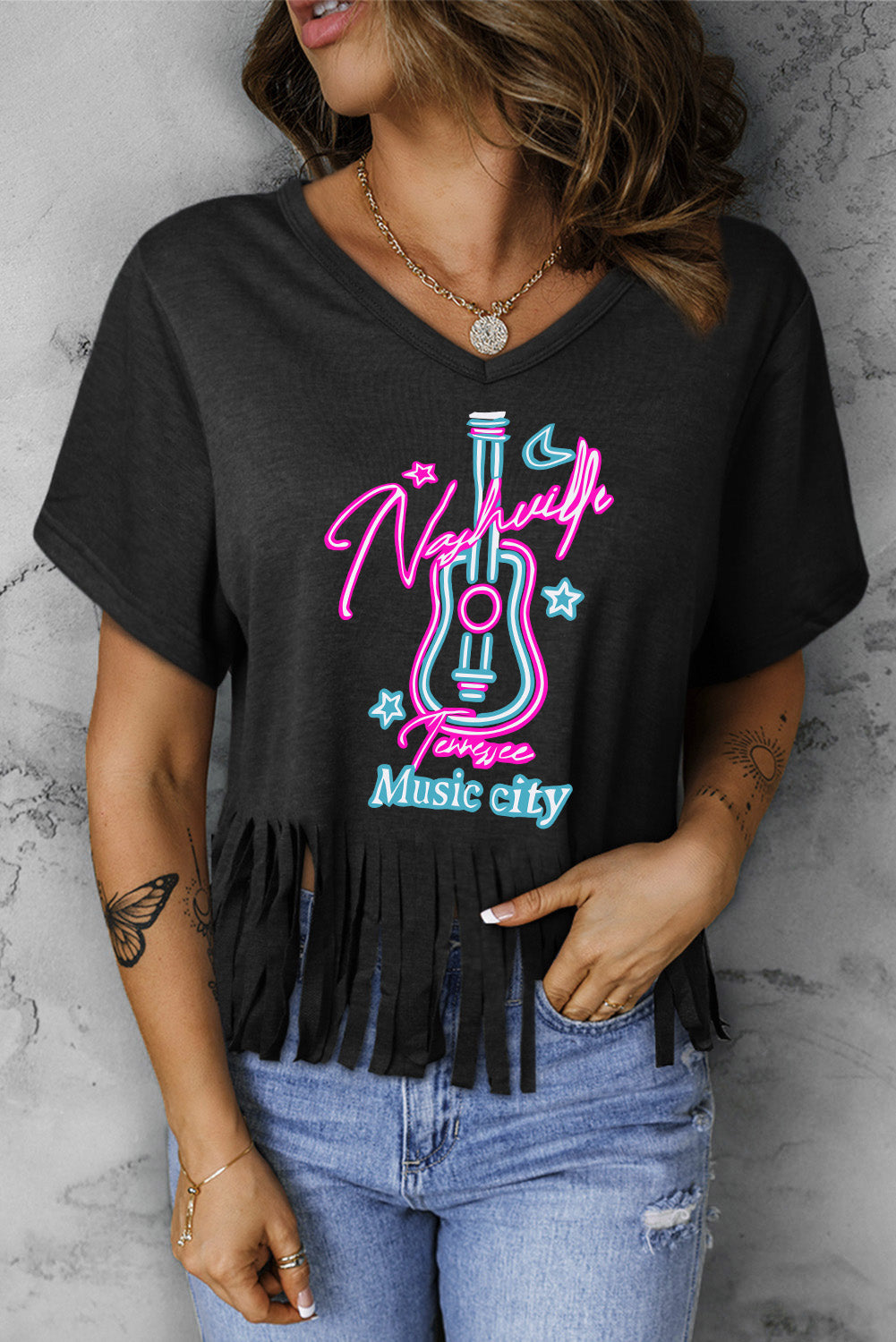 Nashville Forever V Neck Fringed Graphic Tee | Black