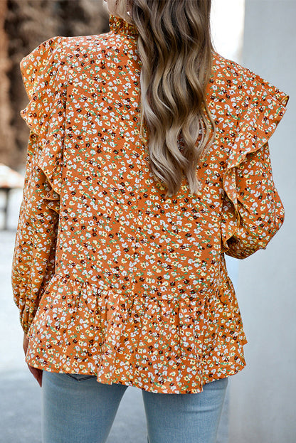 Ruffle Collar Long Sleeve Peplum Top | Orange