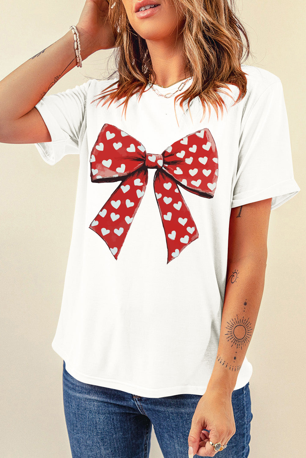 Heart Bow Printed Crewneck Valentines T Shirt | White