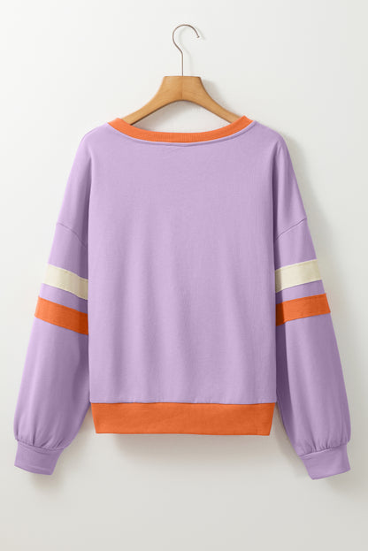 Contrast Rib Knit Patchwork Drop Shoulder V Neck Sweatshirt | Orchid Bouquet