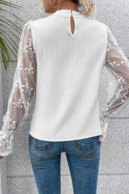 Contrast Lace Sleeve Mock Neck Textured Blouse | White