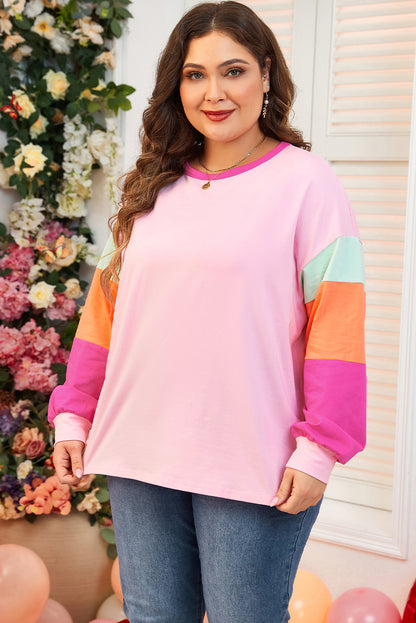 Colourblock Patchwork Long Sleeve Plus Size Top | Pink