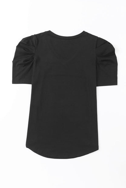 Puff Sleeve V-Neck T-Shirt | Black