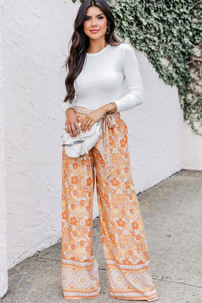 Tie Waist Boho Floral Wide Leg Pants | Grapefruit Orange