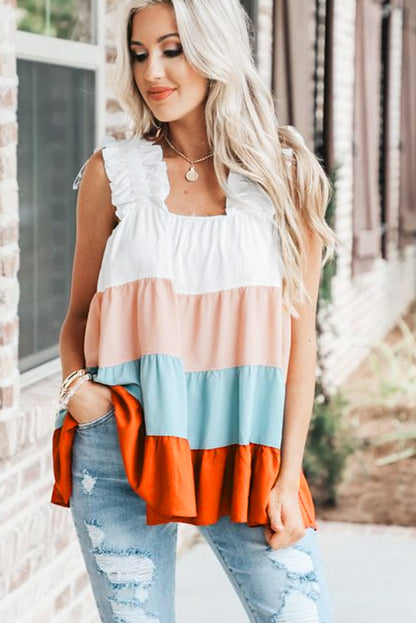 Frill Straps Colour Block Tiered Tank Top | White