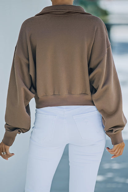 Zipped Turn Down Collar Cropped Sweatshirt With Pocket | Brown