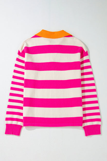 Colour Block Collared V Neck Drop Shoulder Sweater | Rose Stripe