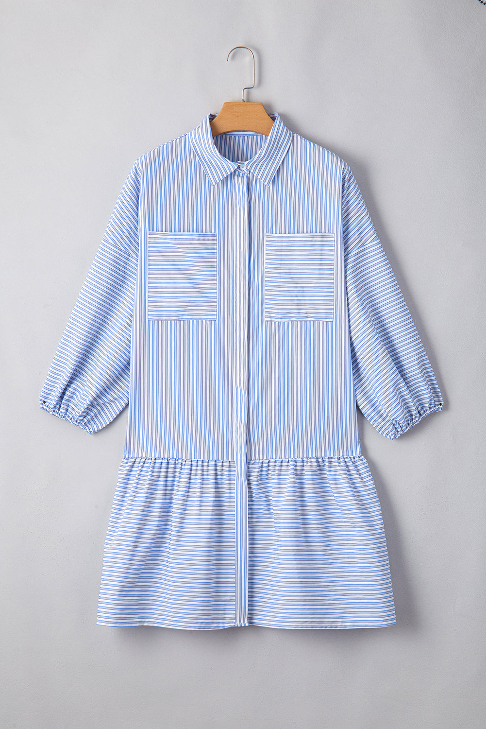 Bubble Sleeve Chest Pockets Buttoned Shirt Dress | Sky Blue Stripe